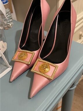 Versace Pink Satin Medusa Plaque Pointed Pumps with Crystal Trim